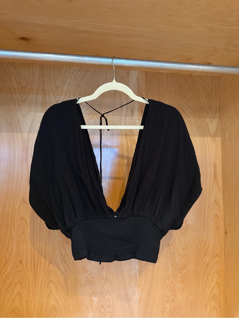 Free People Ava Baby Black Deep V Crop Top with Smocked Waist